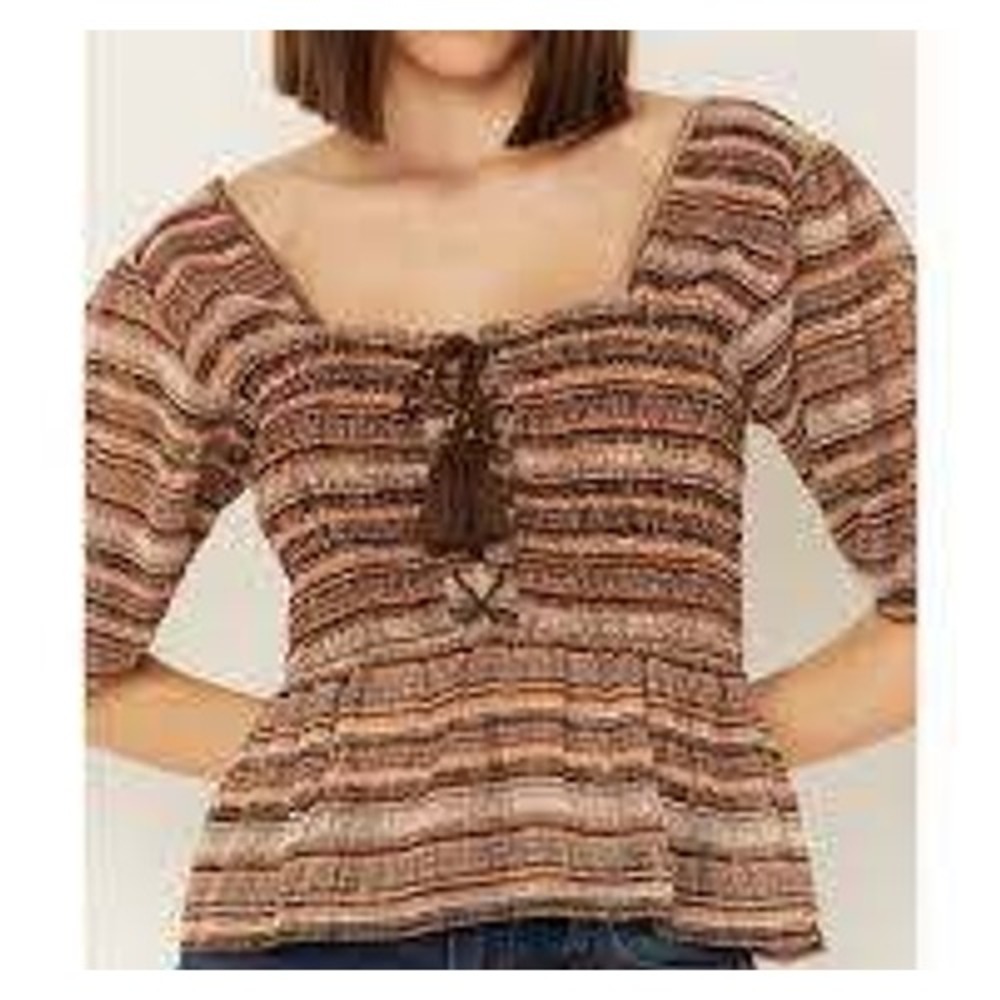 Shyanne Boho Western Smocked Lace Up Peplum Top Small Brown Striped Peasant